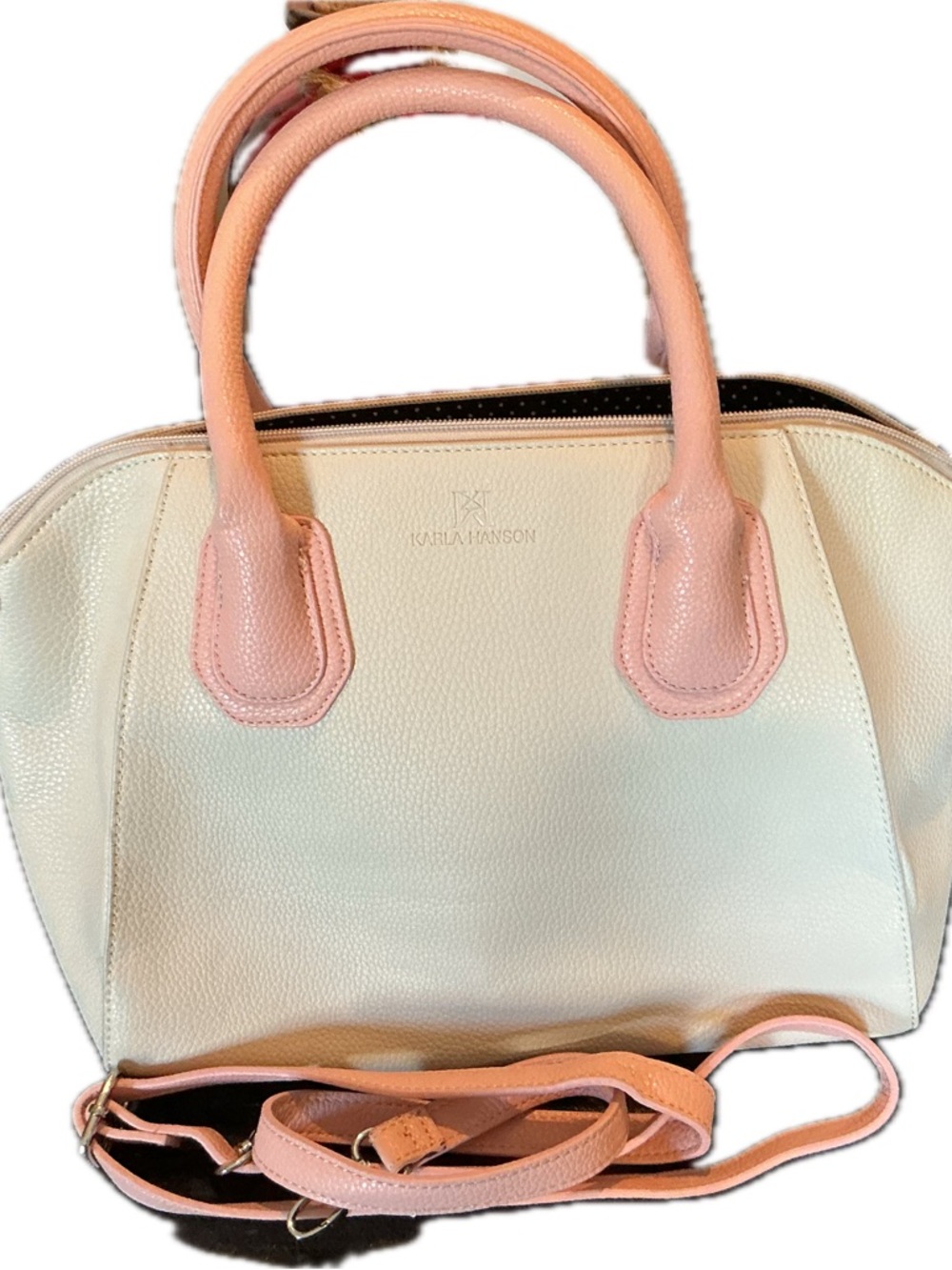 P033- Karla Hanson satchel-style handbag cream-colored body,pink handles